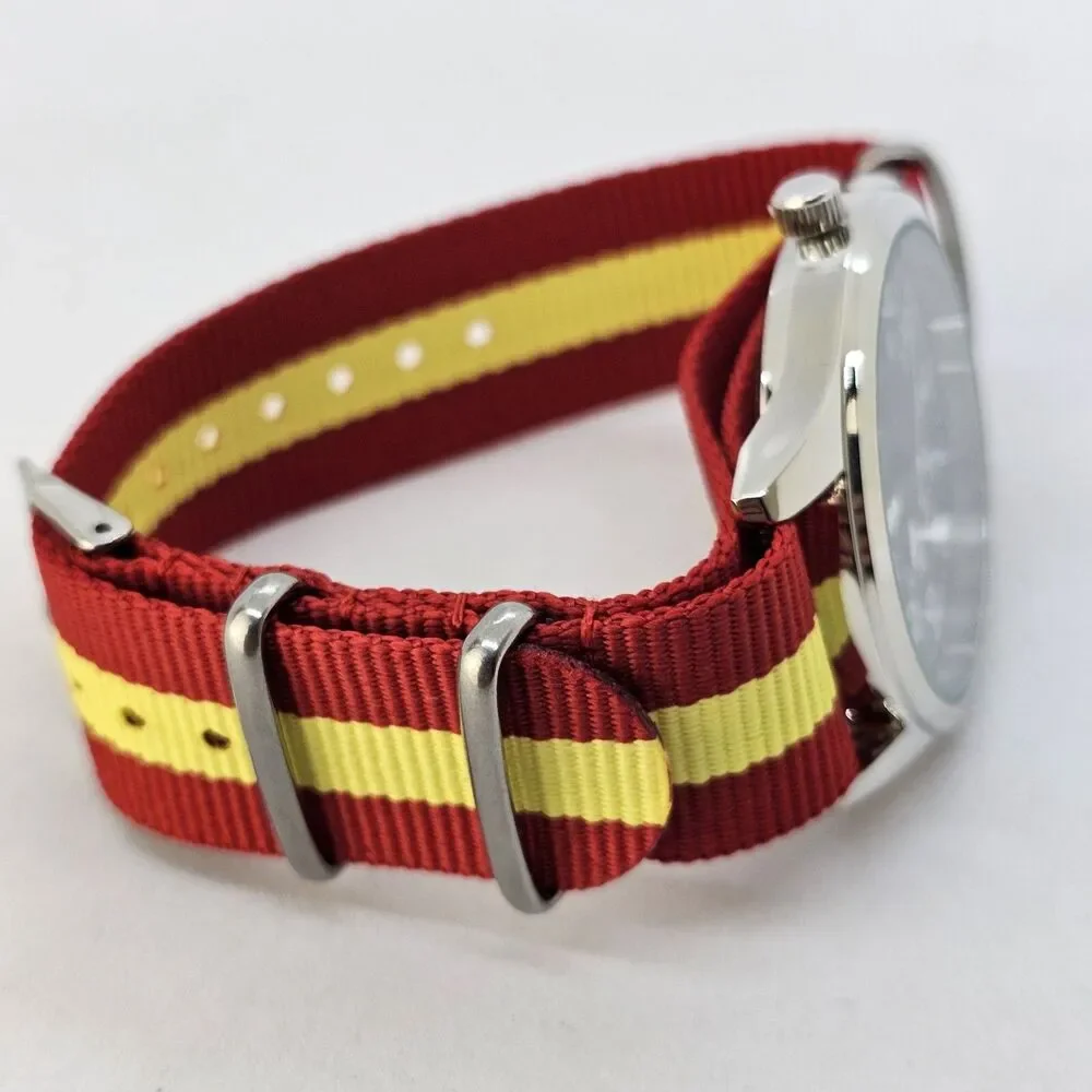 Men's 42MM Field Watch Black Dial Gray‎ Case Red Yellow Canvas Band Strap